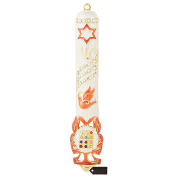 Matashi Hand Painted 5.7" Red-White Dove Mezuzah With Gold Accents and Crystals