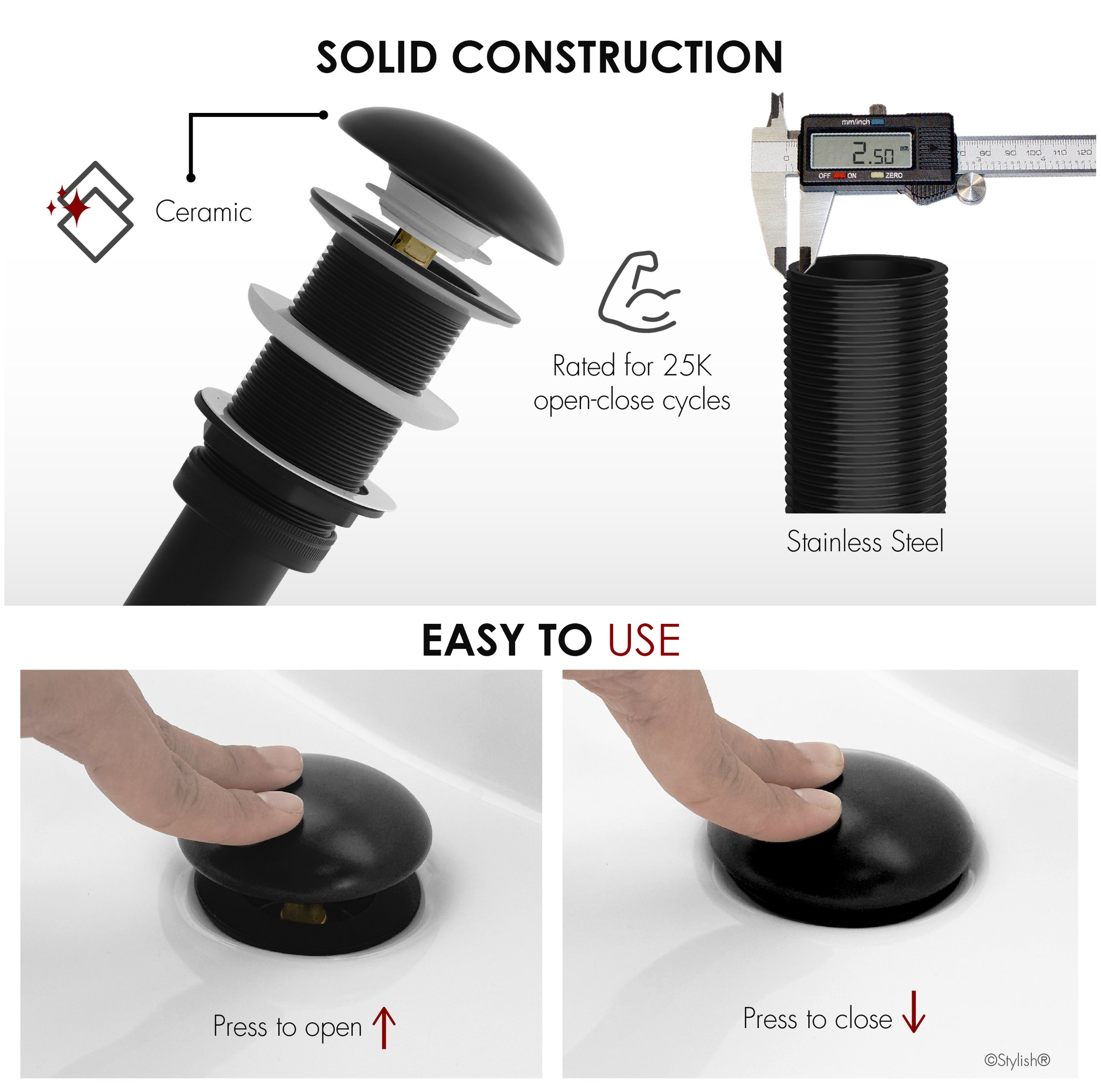 STYLISH Vessel Sink Pop-Up Drain with black ceramic cap without overflow