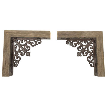 Set Of Two Natural Weathered Gray Wood And Metal Corbels.