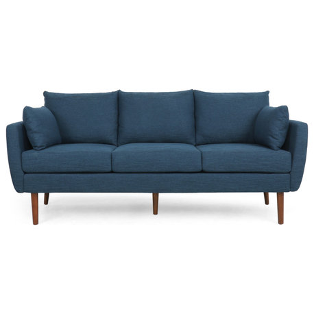 Wadleigh Contemporary Fabric Pillow Back 3 Seater Sofa, Navy Blue/Walnut