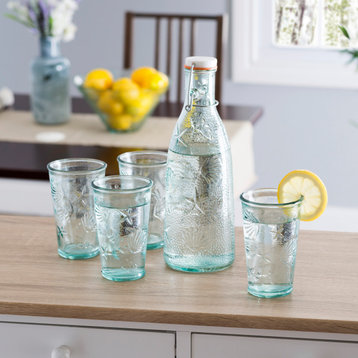 French Home Recycled Clear Glass, 1 qt Coastal Water Bottle and Set of Glasses