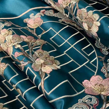 EQYHL226MA Silver Beach Embroidered Flowers Faux Silk Pleated Ready Made Curtain