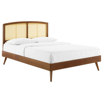 Cane Bed, Woven Rattan Bed, Art Moderne Curve Platform Bed, Walnut, Queen