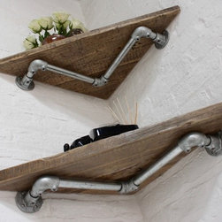 Vikki Pair of Reclaimed Wood Corner Shelves with Galvanised Steel Pipe Wall Brac - Display & Wall Shelves