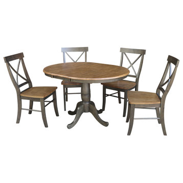 36" Round Extension Dining Table With X-back Chairs, Hickory/Washed Coal, 5 Piece