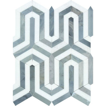 9.4"x12" Thassos Polished Marble Barcelona Mosaic, Blue-Gray, Set of 50