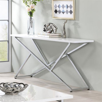Bowery Hill Wood Rectangular Console Table in Chrome and White