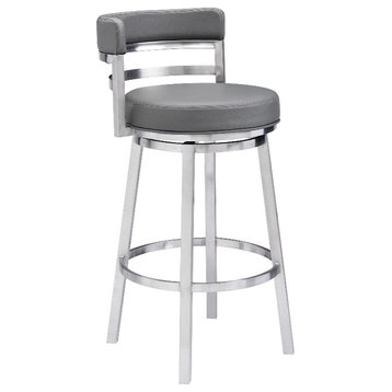 Armen Living Madrid 26" Faux Leather & Stainless Steel Counter Stool in Gray