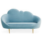 Jonathan Adler - Ether Cloud Settee, Rialto Sky - Low, loungey, and trés comfortable, our Ether Cloud Settee has a simple genesis story: Jonathan wanted to create a settee that looks and feels like heaven. The chic cloud silhouette and lozenge-like form are enveloping and inviting, while gleaming brass stiletto legs add lift and polish fit for a formal parlor. Whether upholstered in warm oatmeal bouclé or cool sky-toned velvet, it's ethereal, edgy, and oozing elegance.