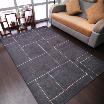 Rugsotic Carpets Hand Knotted Loom Silk 5'x8' Area Rug Geometric Charcoal Beige