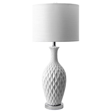 28" Diamante Textured Ceramic Table Lamp, Linen Shade Ivory
