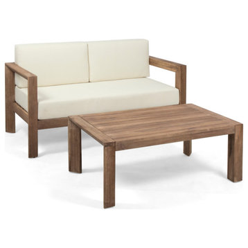 Lucia Outdoor 2 Seater Wooden Loveseat and Coffee Table Chat Set With Cushions