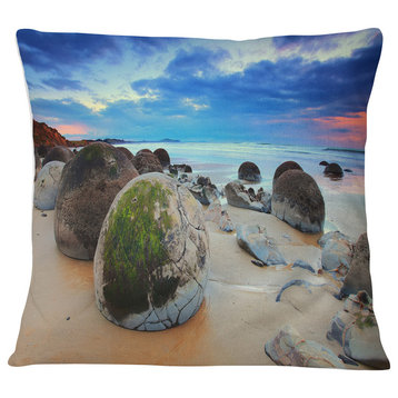 Cloudy Sunrise Over Moeraki Boulders Seashore Photo Throw Pillow, 16"x16"