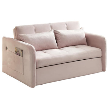 Convertible Sleeper Sofa, Square Tufted Seat With Side USB Charging Ports, Pink