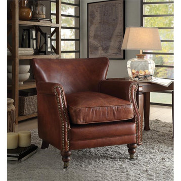 ACME Leeds Top Grain Leather Upholstery Accent Chair in Vintage Dark Brown