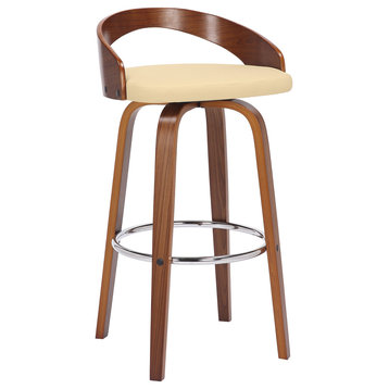 Sonia Swivel Faux Leather and Wood Stool, Cream and Walnut, Bar Height 30"