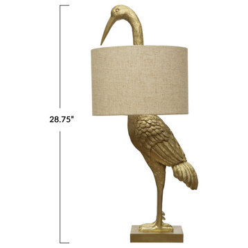 Resin Bird Table Lamp With White Linen Shade and Inline Switch, Gold Finish