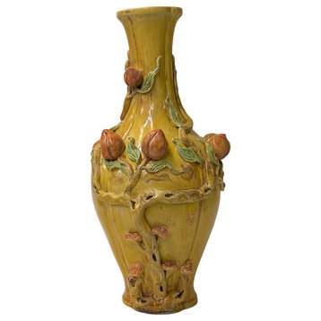 Handmade Chinese Ceramic Distressed Yellow Peach Theme Vase Hws1769