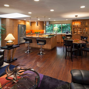 Modern Wood & Orange Accent Kitchen & Great Room