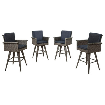 Set of 4 Outdoor Bar Stool, Cushioned Seat With Footrest, Mixed Black/Dark Grey