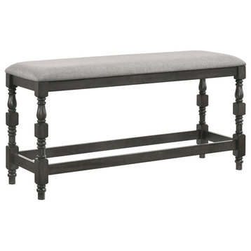 Transitional Dining Bench, Carved Legs With Cushioned Fabric Seat, Light Gray