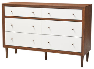 Harlow Wood 6-Drawer Storage Dresser, Walnut Brown and White