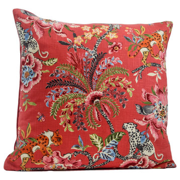 Red Chinoiserie Pillow Cover, Tropical Floral Red Pillow Cover, 24x24