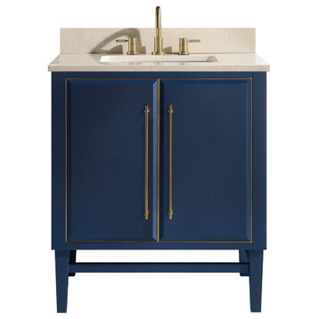 Avanity Mason 30 in. Vanity in Navy Blue w/Gold Trim and Crema Marfil Marble Top