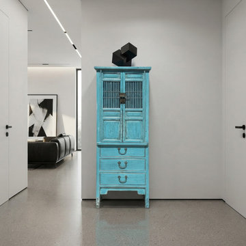 Distressed Aqua Blue Slim Wood Carving Shutter Doors Storage Cabinet ws4067