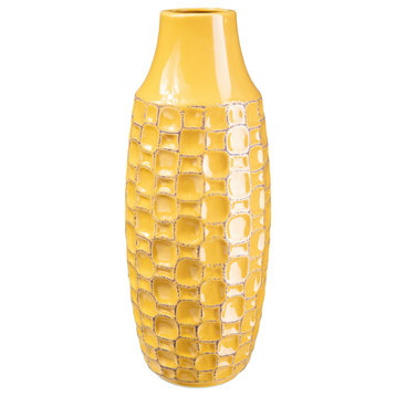 Tall Ceramic Vase with Debossed Abstract Design Gloss Yellow Finish, Large