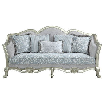 ACME Qunsia Sofa With 5 Pillows, Light Gray Linen and Champagne Finish