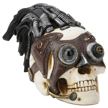 Steampunk Skull With Wire Hair And Leather Goggles - Classic Statue Sculpture