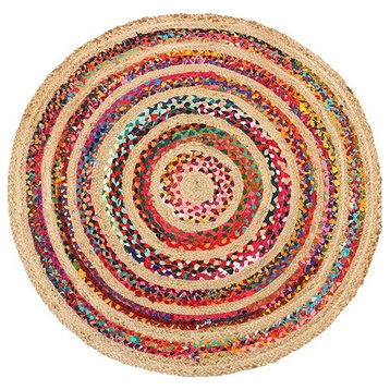 Farmhouse Round Area Rug, Pure Natural Jute With Multicolor Cotton Accents, 7'
