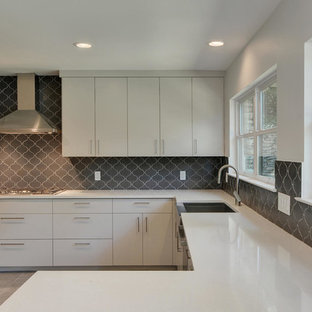 Mid-sized modern kitchen pantry pictures - Inspiration for a mid-sized modern u-shaped porcelain floor kitchen pantry remodel in Austin with a farmhouse sink, flat-panel cabinets, white cabinets, quartz countertops, gray backsplash, ceramic backsplash, stainless steel appliances and no island