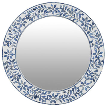Blue Leaf Bone Inlay Round Mirror, 26"