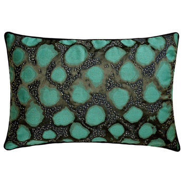 Teal Blue Jacquard 12"x24" Lumbar Pillow Cover Peacock, Hand Embroidery - Shyam