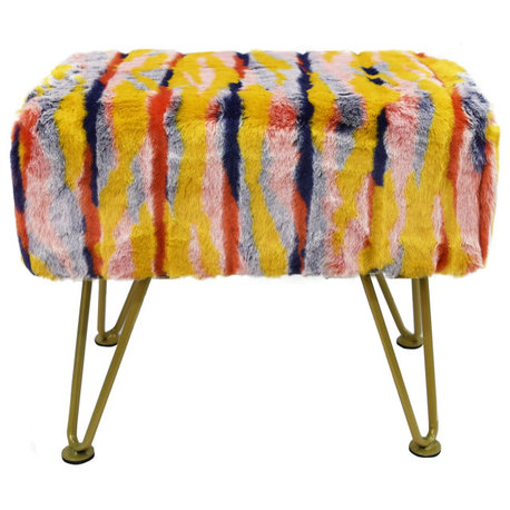 Multi Jacquard Faux Fur Ottoman, Orange, 19"x13"x7"