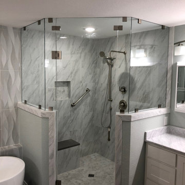 Neo Angled Glass Shower Enclosure with Two Half Walls - Glass to the Ceiling