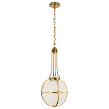 Gracie Medium Captured Globe Pendant in Antique-Burnished Brass with White Glass