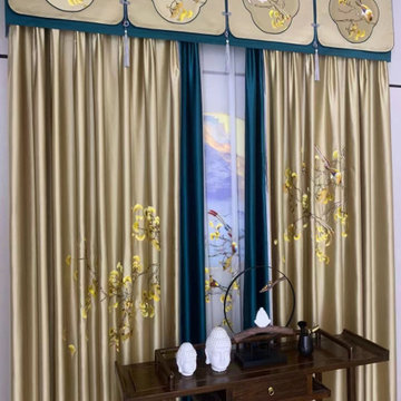 QYHL225E Silver Beach Embroidered Annunciation Birds Champagne Gold Faux Silk Cu