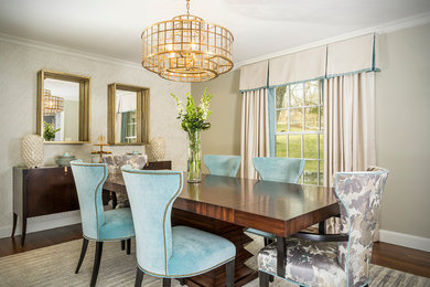 Dining room - mid-sized transitional dark wood floor dining room idea in New York with gray walls