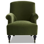 Jennifer Taylor Home - Eloise 30" Pleated Sock Arm Accent Armchair, Olive Green Performance Velvet - The Eloise Chair Collection by Jennifer Taylor Home features a classic pleated sock-arm design that adds a touch of elegance to any room. The solid wood-turned legs provide a sturdy base while the front caster legs make it easy to move around. With its timeless design and comfortable seating, this armchair is perfect for curling up with a good book or enjoying a cup of tea. The deeply cushioned seat makes it a cozy and inviting spot to relax in style. Crafted with quality materials and attention to detail, this chair is built to last and will be a cherished piece in your home for years to come. Timeless and sophisticated, this piece is the perfect blend of traditional furniture details and modern farmhouse style.