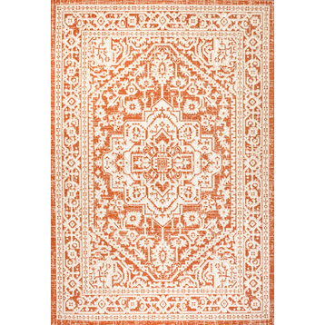 Sinjuri Medallion Textured Weave Indoor/Outdoor, Orange/Cream, 8x10