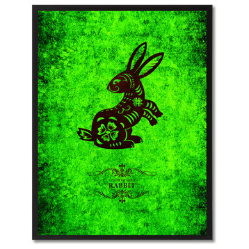 Rabbit Chinese Zodiac Green Print on Canvas with Picture Frame, 13"x17"