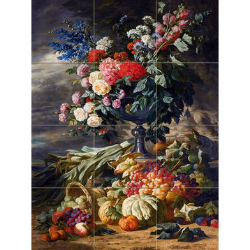 Tile Mural Vase With Flowers And Autumn Fruit, Marble