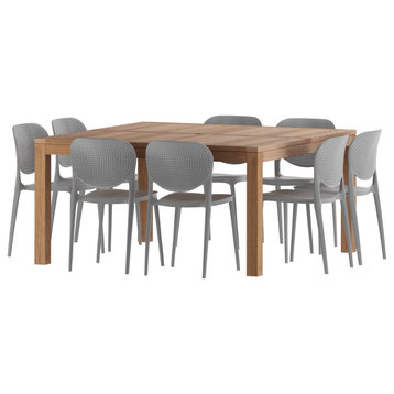 Amazonia Fangio Teak 9 Piece Outdoor Square Dining Set With 6 Gray Side Chairs