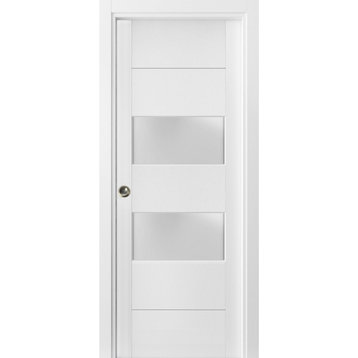 Sliding French Pocket Door 36 x 84 Frosted Glass 2 lites, Lucia 4010 White Silk