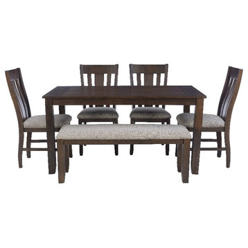 Linon Liz Rustic Wood 6 Piece Upholstered Dining Set 4 Chairs & Bench in Brown