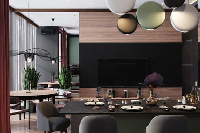 Imagen de salón con barra de bar blanco y madera contemporáneo grande con paredes negras, suelo de madera en tonos medios, televisor colgado en la pared y suelo marrón