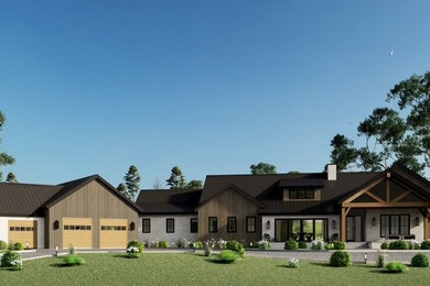 Huge rustic brown two-story wood and board and batten exterior home idea in Other with a metal roof and a black roof